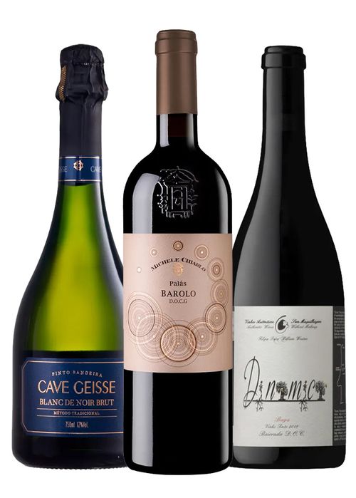 Kit Almoço Feriado (Espumante Cave Geisse Blanc de Noir + Filipa Pato Dinâmica Baga + Michele Chiarlo Palás Barolo)
